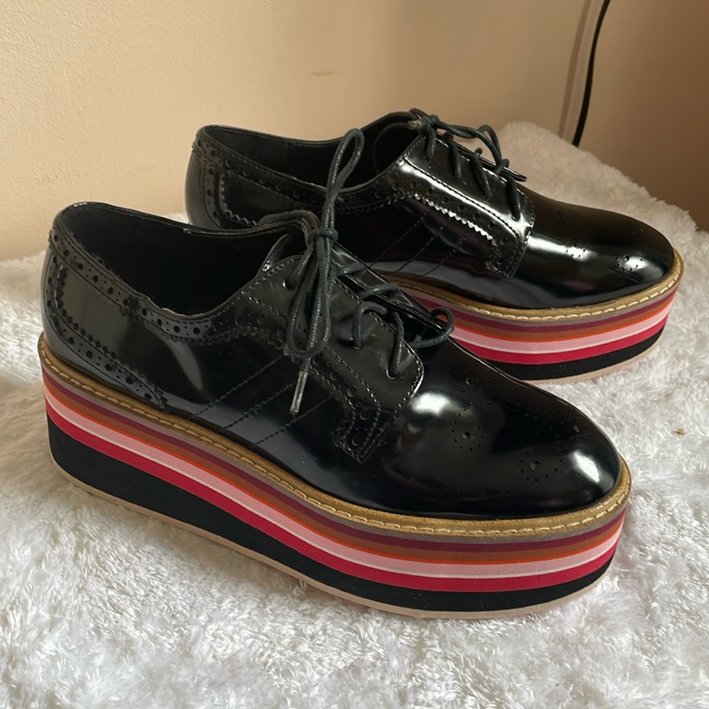Zara Black Lace-Up Oxfords With Striped Platform Soles, Size 38 / 7.5